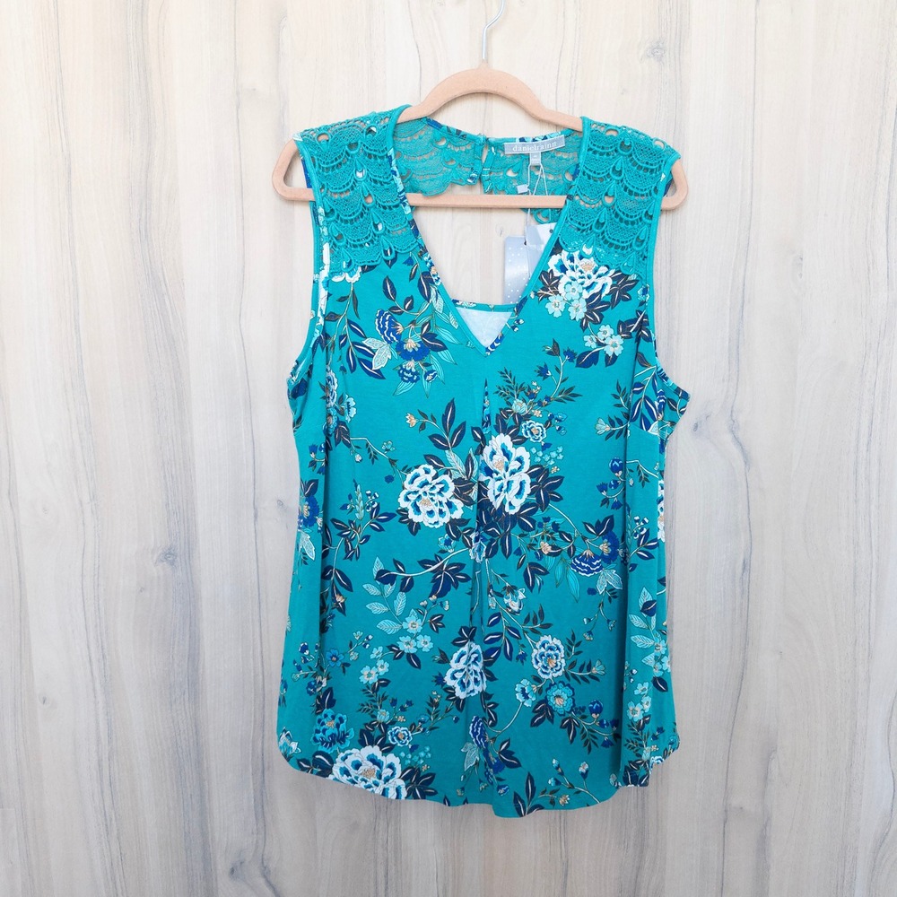 Daniel Rainn Womens Floral Tank Top 1X Teal Crochet Lace Boho Summer Romantic